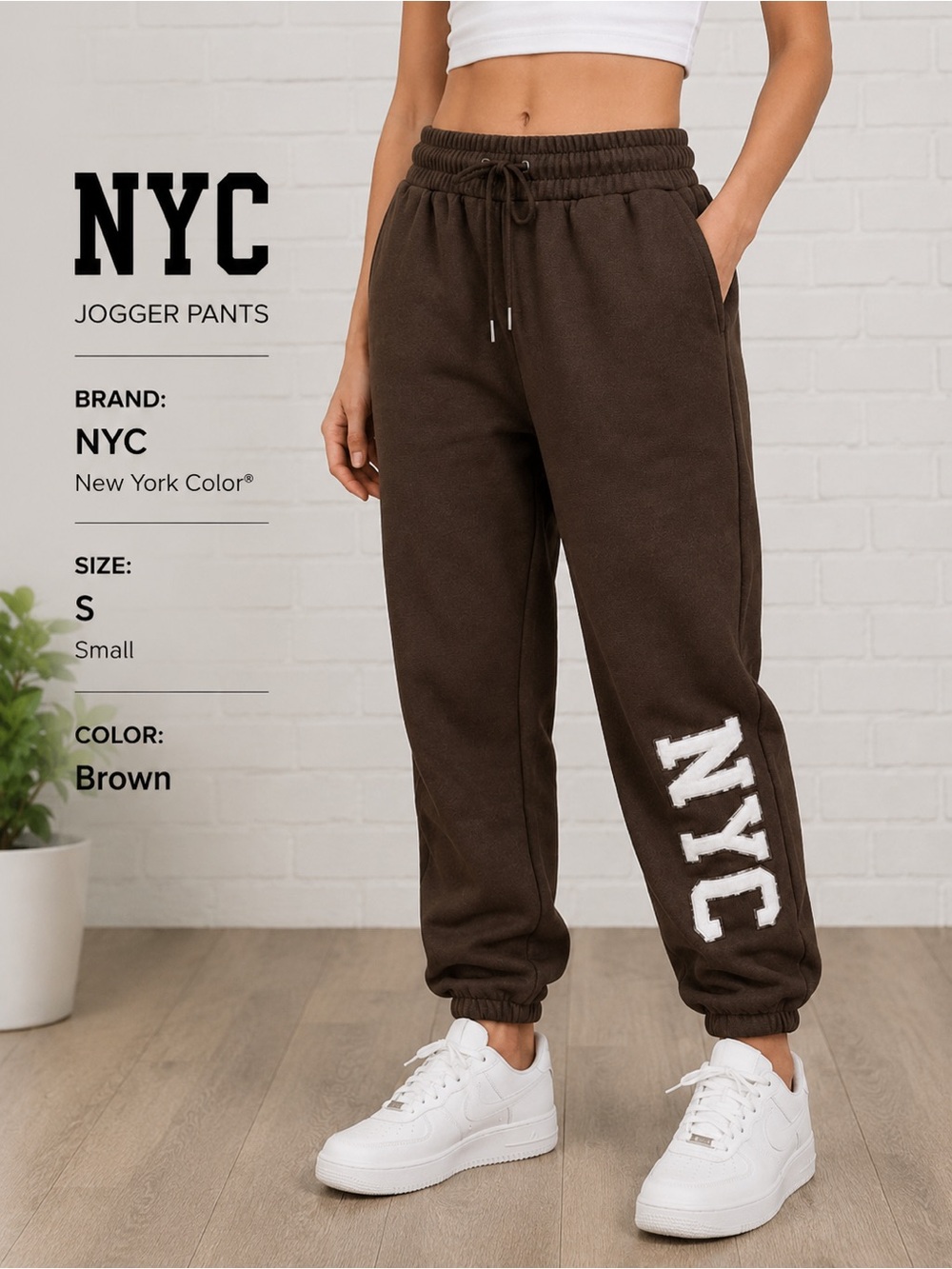 Brown NYC Logo Jogger Sweatpants | Size Small | Cozy Drawstring Lounge Pants